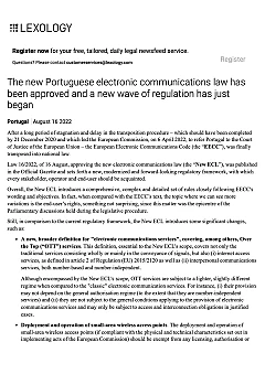 Lexology | The new Portuguese electronic communications law has been approved and a new wave of regulation has just began